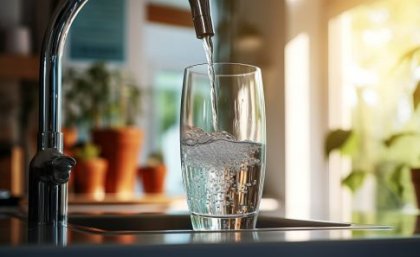 A household tap with running water.